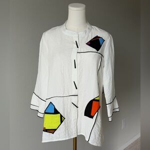 Ali Miles Pop Art Patchwork White/Cream Tunic Shirt with Abstract Accents-XS(S/M